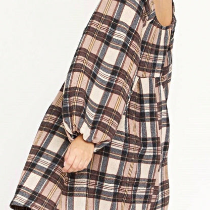 Boho Retro Knit Plaid Checker Floral Print Black Coral Cream Orange Off/One Shoulder Ruffle Sleeve Tiered Dress