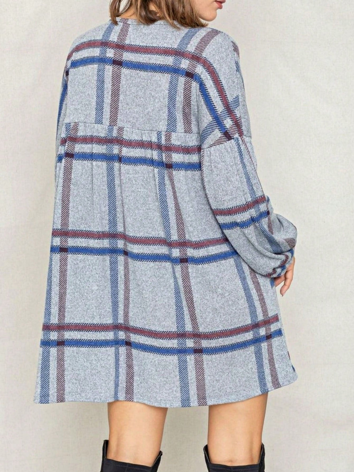 Boho Retro Knit Plaid Checker Floral Print Black Coral Cream Orange Off/One Shoulder Ruffle Sleeve Tiered Dress