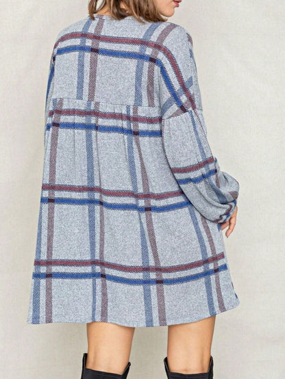 Boho Retro Knit Plaid Checker Floral Print Black Coral Cream Orange Off/One Shoulder Ruffle Sleeve Tiered Dress