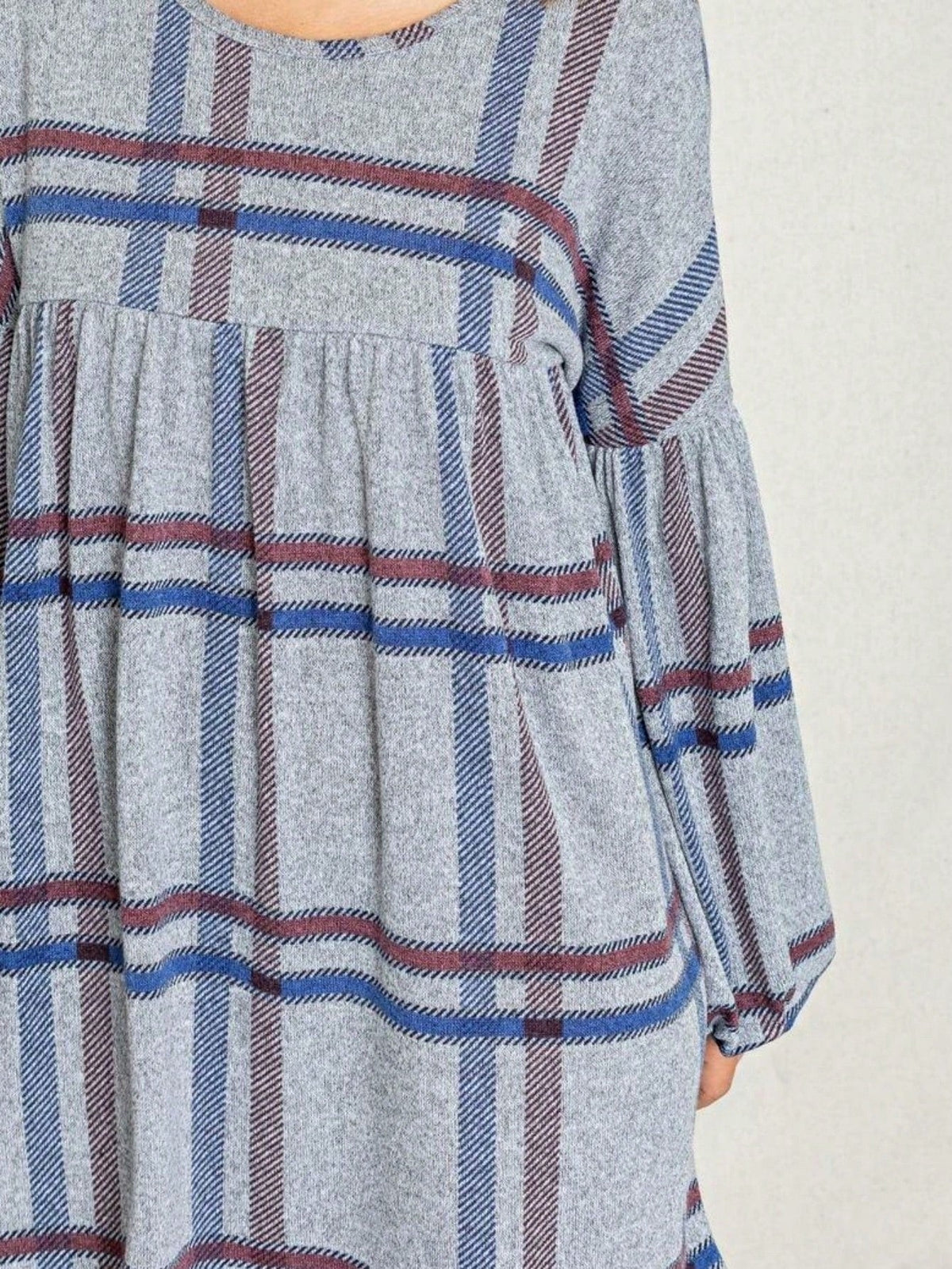 Boho Retro Knit Plaid Checker Floral Print Black Coral Cream Orange Off/One Shoulder Ruffle Sleeve Tiered Dress