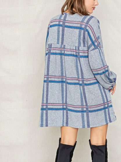 Boho Retro Knit Plaid Checker Floral Print Black Coral Cream Orange Off/One Shoulder Ruffle Sleeve Tiered Dress