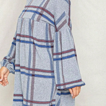 Boho Retro Knit Plaid Checker Floral Print Black Coral Cream Orange Off/One Shoulder Ruffle Sleeve Tiered Dress