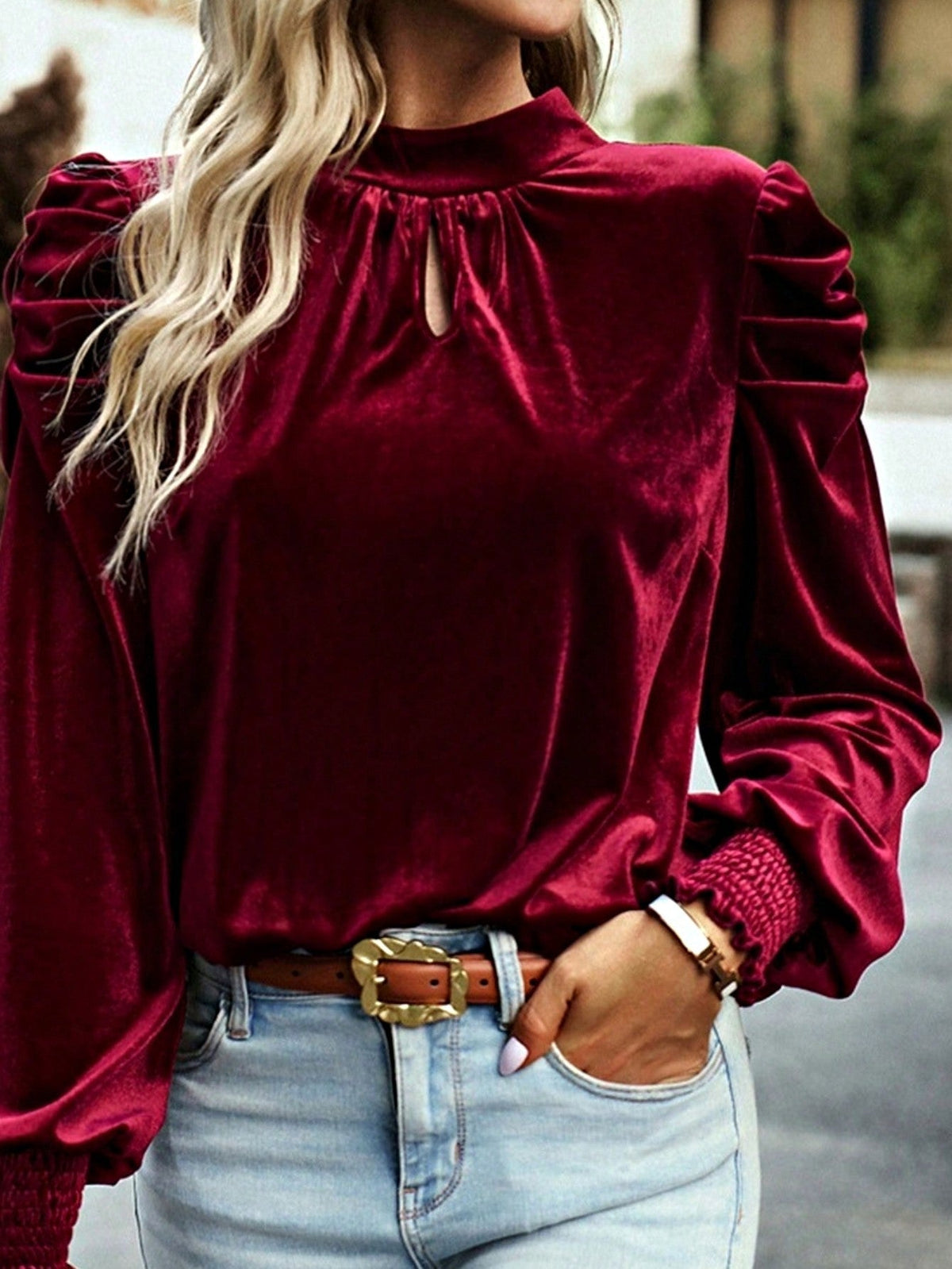 Boho Retro Vintage 60's Velvet Velour Red Grey Charcoal Drop Sleeve Balloon Puff Loose Party Shirt Blouse