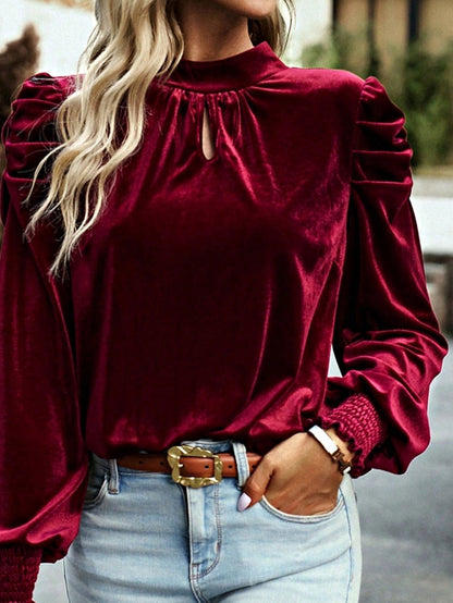 Boho Retro Vintage 60's Velvet Velour Red Grey Charcoal Drop Sleeve Balloon Puff Loose Party Shirt Blouse