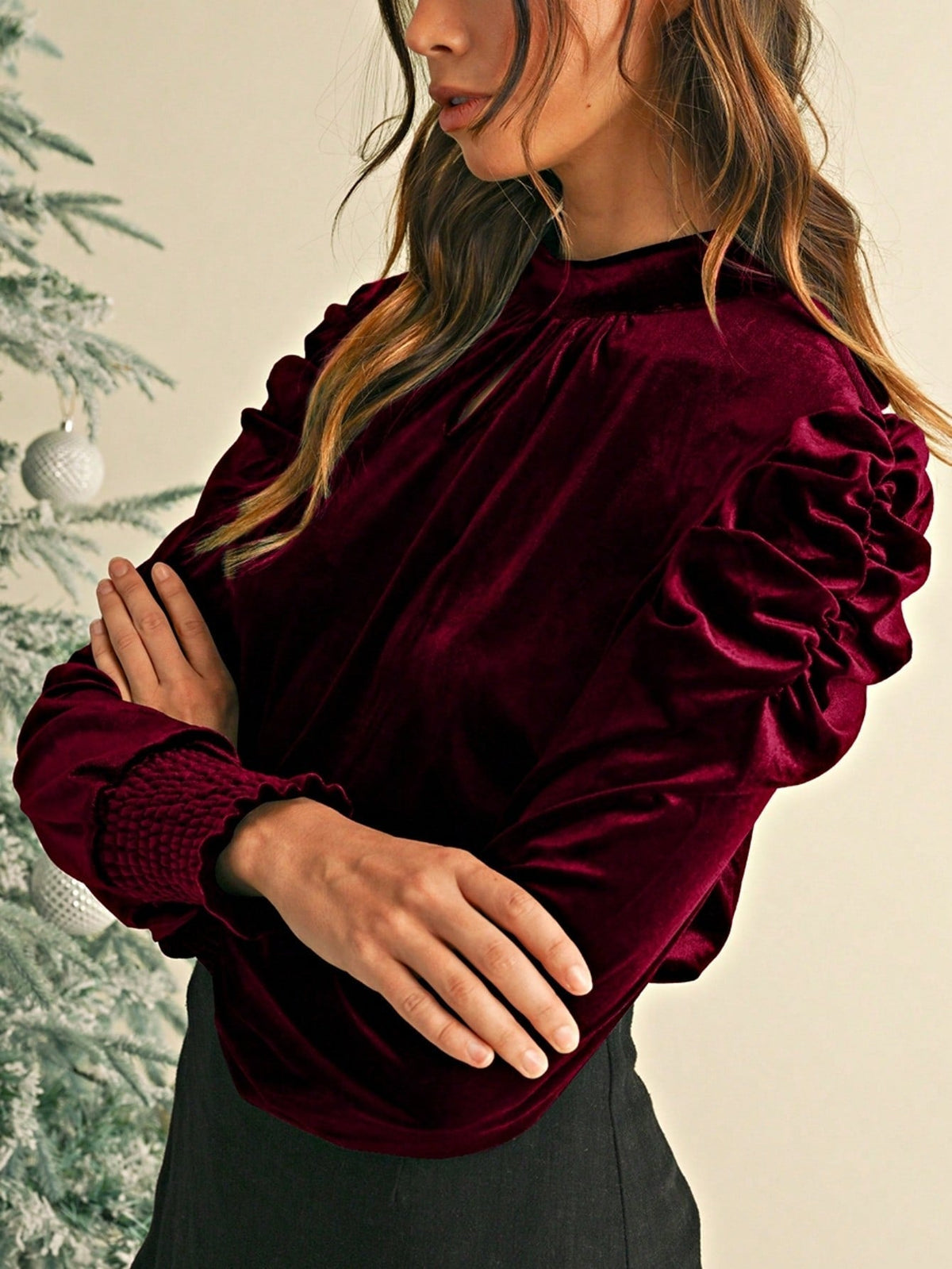 Boho Retro Vintage 60's Velvet Velour Red Grey Charcoal Drop Sleeve Balloon Puff Loose Party Shirt Blouse