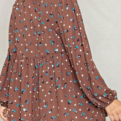 Boho Retro 90's Dot Baby Doll Tiered Ruffle Swing Black Brown Woven Fall Dress Small To 3XL Plus