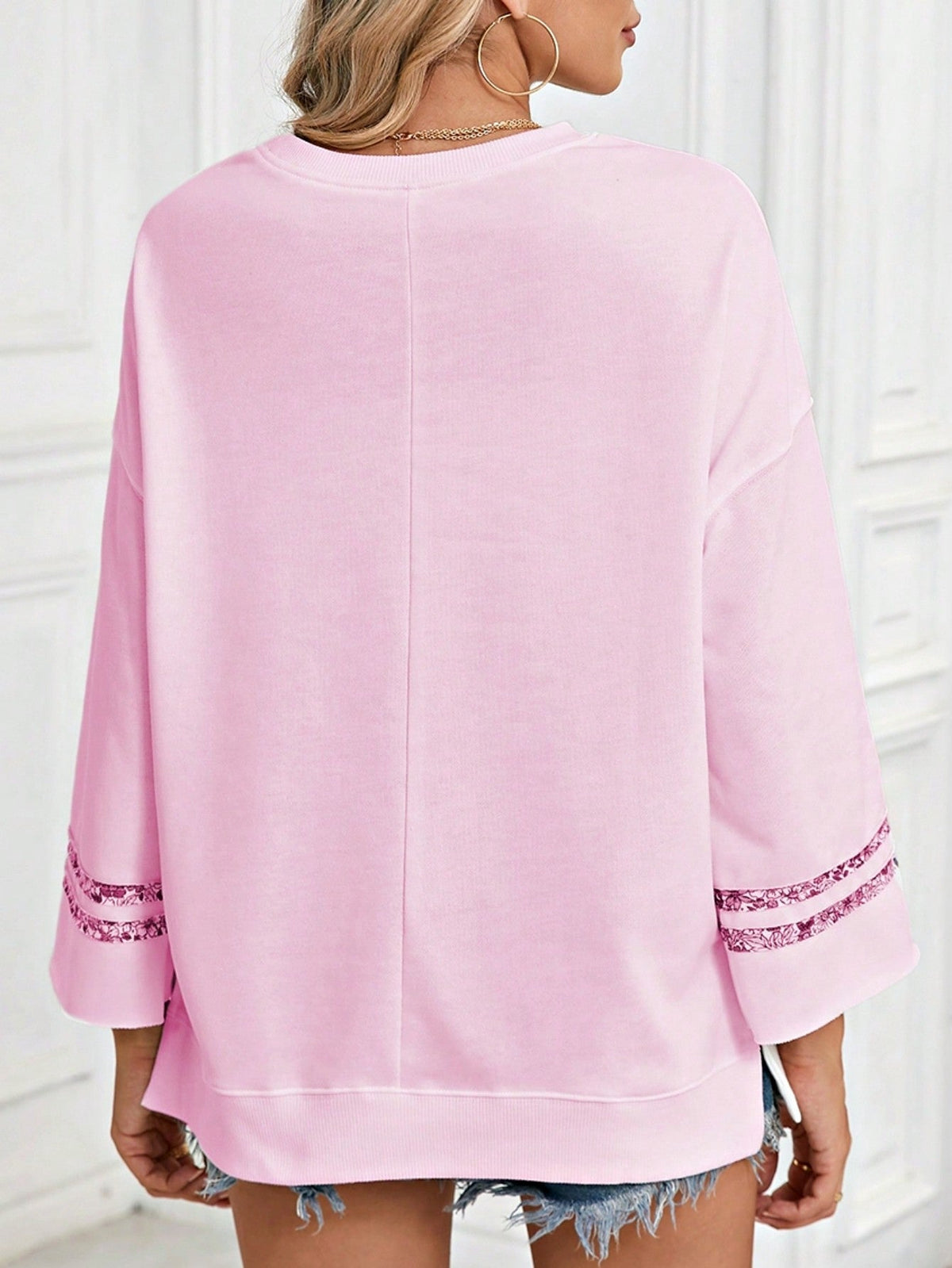 Boho Retro Vintage 60's Vibe Cream Cotton Raglan Lantern Bubble Puff  Sleeve  Floral Rib Patchwork Top Sweat Shirt Blouse