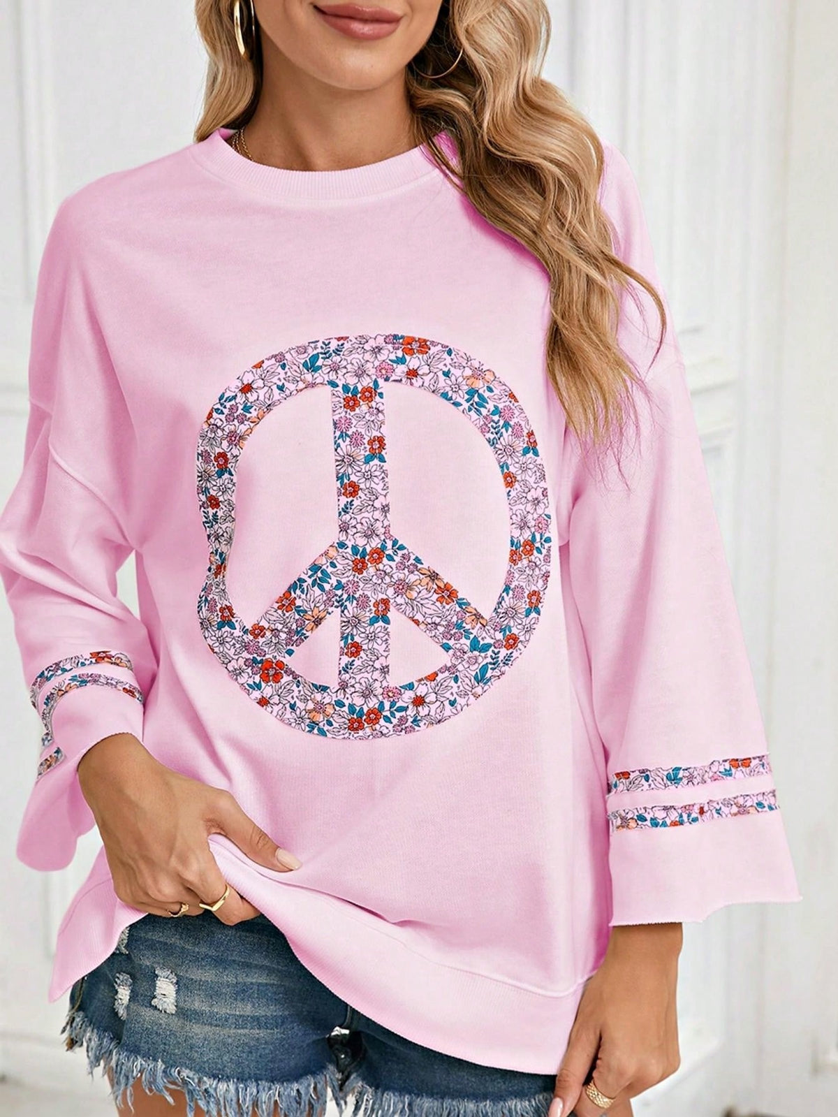 Boho Retro Vintage 60's Vibe Cream Cotton Raglan Lantern Bubble Puff  Sleeve  Floral Rib Patchwork Top Sweat Shirt Blouse