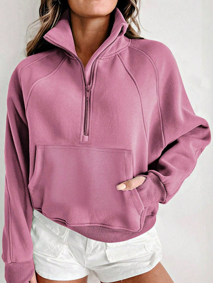 Boho Retro Vintage 90's Cotton Stand Collar  Solid Kangaroo Front Pocket Thumbhole Long Sleeve Zip Up Top Sweatshirt Pullover