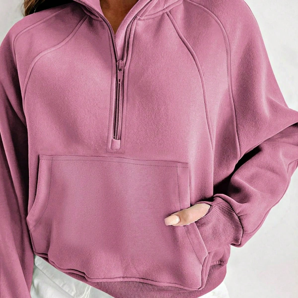 Boho Retro Vintage 90's Cotton Stand Collar  Solid Kangaroo Front Pocket Thumbhole Long Sleeve Zip Up Top Sweatshirt Pullover