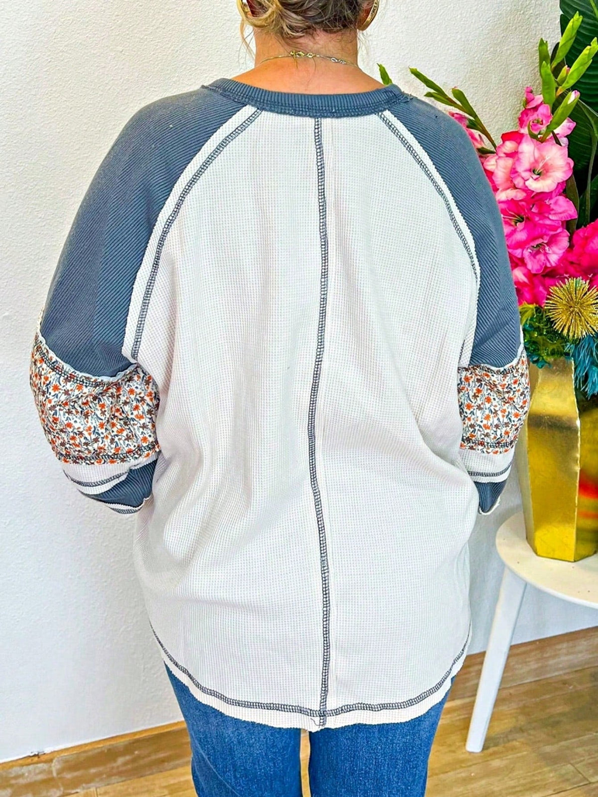 Boho Retro Vintage 60's Vibe Cream Cotton Raglan Lantern Bubble Puff  Sleeve  Floral Rib Patchwork Top Sweat Shirt Blouse