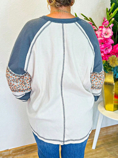 Boho Retro Vintage 60's Vibe Cream Cotton Raglan Lantern Bubble Puff  Sleeve  Floral Rib Patchwork Top Sweat Shirt Blouse