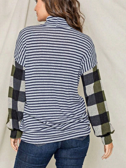 Boho Retro 90's Vintage Out Stitch Raglan Sleeve Cuff Paisley Plaid Checker Christmas Stripe Leopard  Accented Knit Top Shirt Blouse