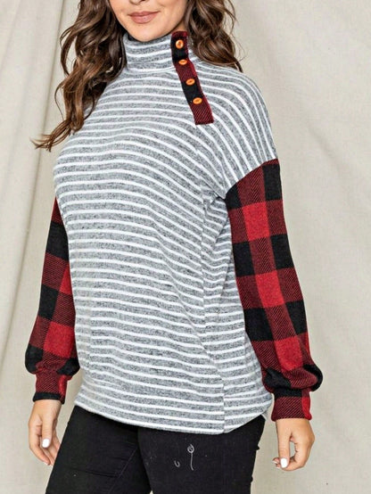 Boho Retro 90's Vintage Out Stitch Raglan Sleeve Cuff Paisley Plaid Checker Christmas Stripe Leopard  Accented Knit Top Shirt Blouse