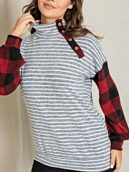 Boho Retro 90's Vintage Out Stitch Raglan Sleeve Cuff Paisley Plaid Checker Christmas Stripe Leopard  Accented Knit Top Shirt Blouse