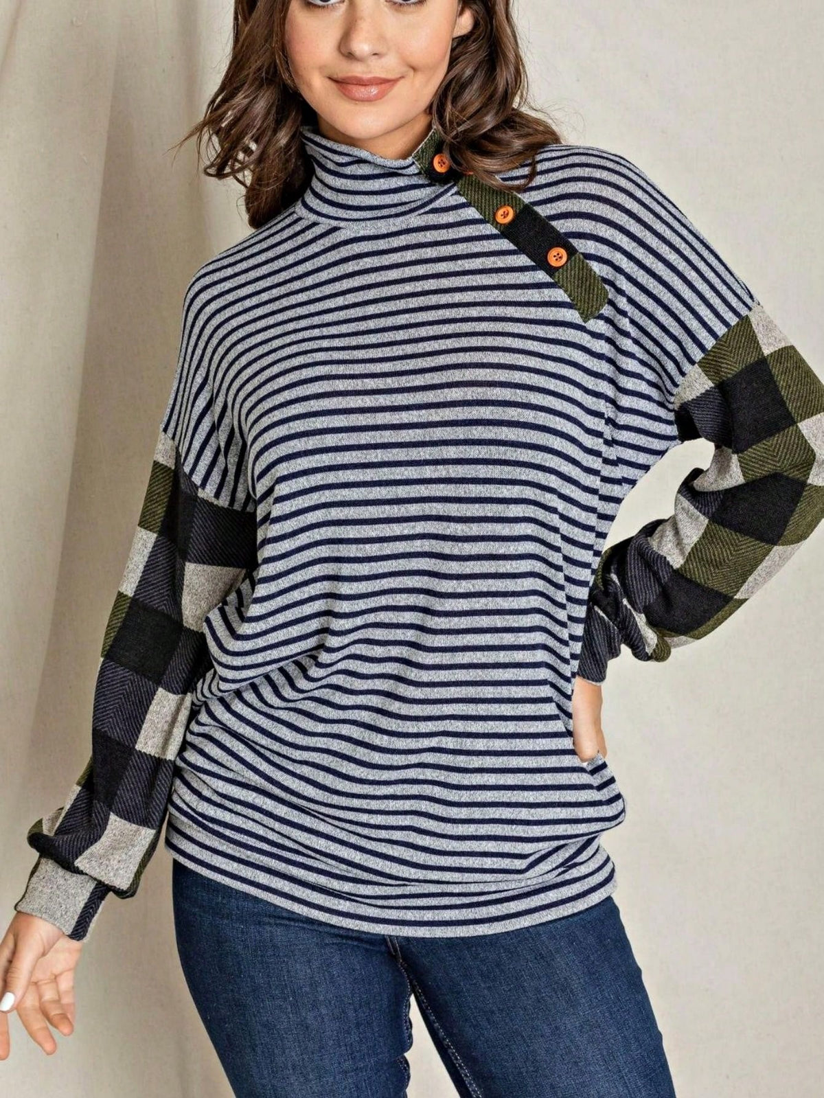 Boho Retro 90's Vintage Out Stitch Raglan Sleeve Cuff Paisley Plaid Checker Christmas Stripe Leopard  Accented Knit Top Shirt Blouse