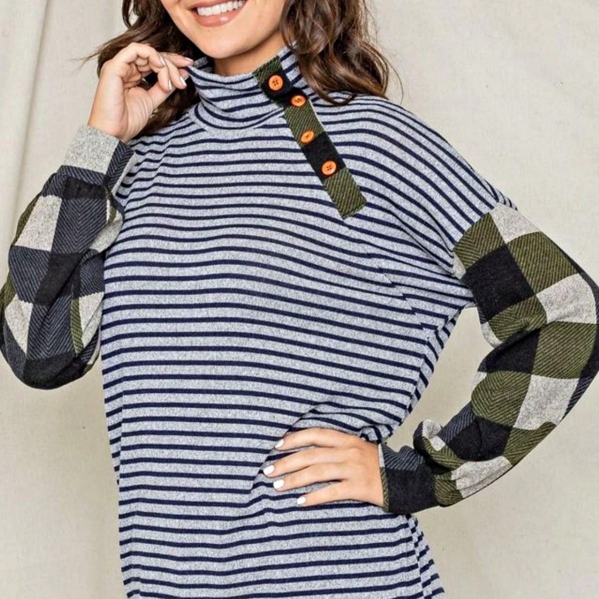 Boho Retro 90's Vintage Out Stitch Raglan Sleeve Cuff Paisley Plaid Checker Christmas Stripe Leopard  Accented Knit Top Shirt Blouse