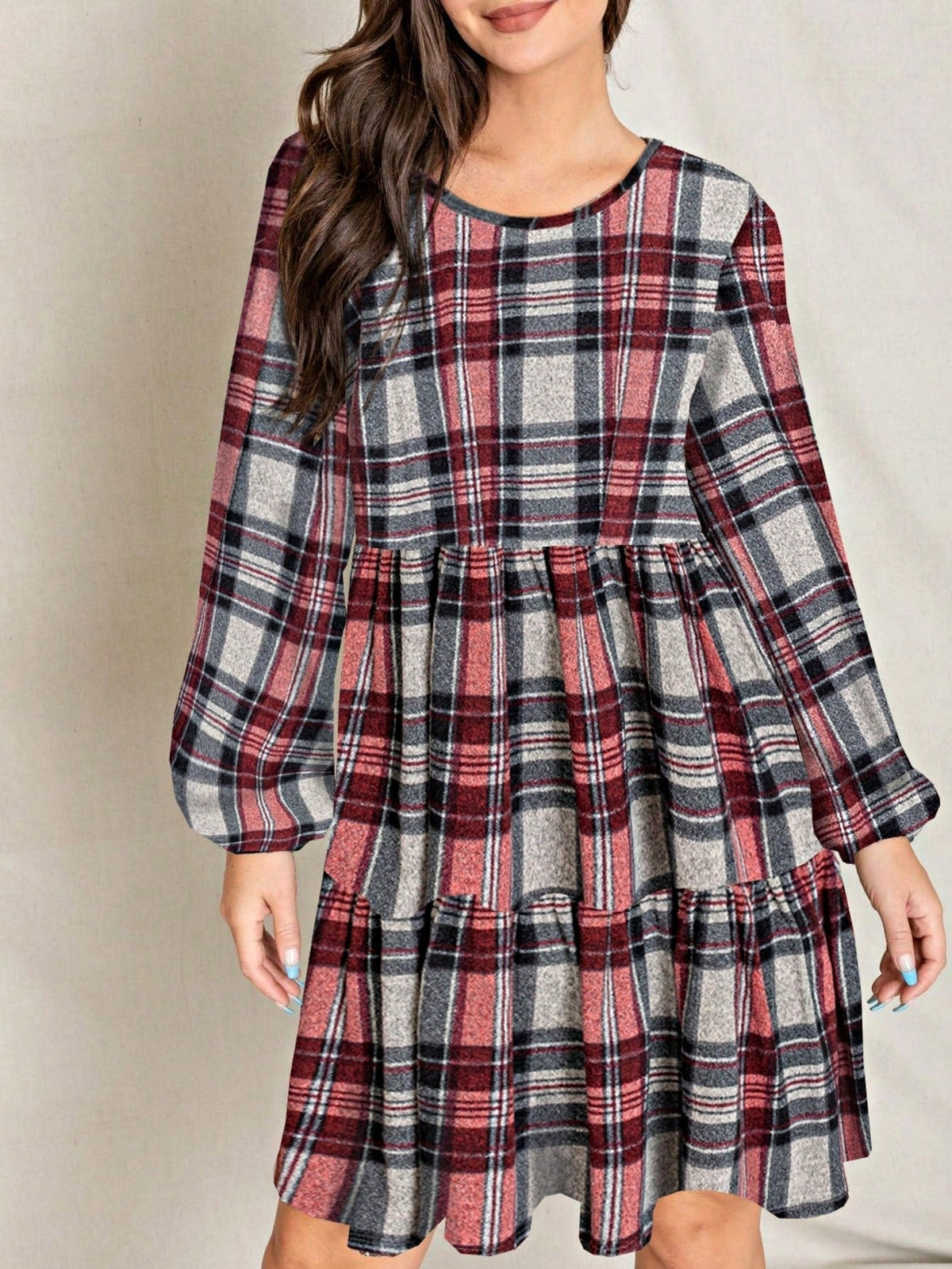 Boho Retro Knit Plaid Checker Floral Print Black Coral Cream Orange Off/One Shoulder Ruffle Sleeve Tiered Dress