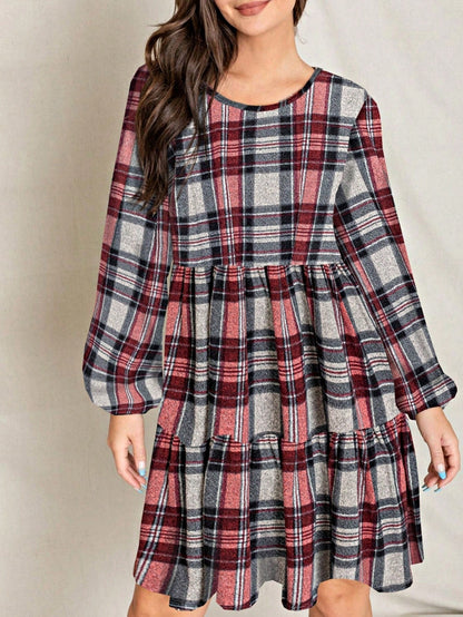 Boho Retro Knit Plaid Checker Floral Print Black Coral Cream Orange Off/One Shoulder Ruffle Sleeve Tiered Dress