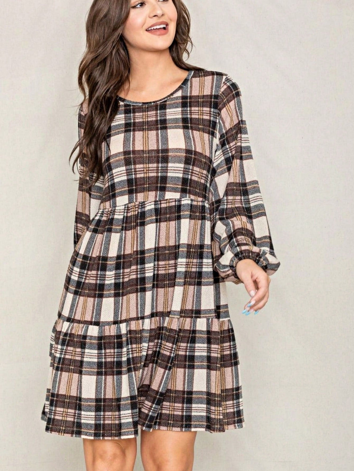 Boho Retro Knit Plaid Checker Floral Print Black Coral Cream Orange Off/One Shoulder Ruffle Sleeve Tiered Dress