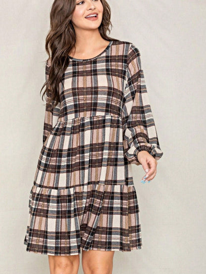 Boho Retro Knit Plaid Checker Floral Print Black Coral Cream Orange Off/One Shoulder Ruffle Sleeve Tiered Dress