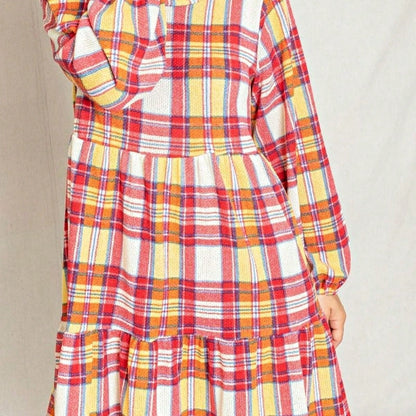 Boho Retro Knit Plaid Checker Floral Print Black Coral Cream Orange Off/One Shoulder Ruffle Sleeve Tiered Dress