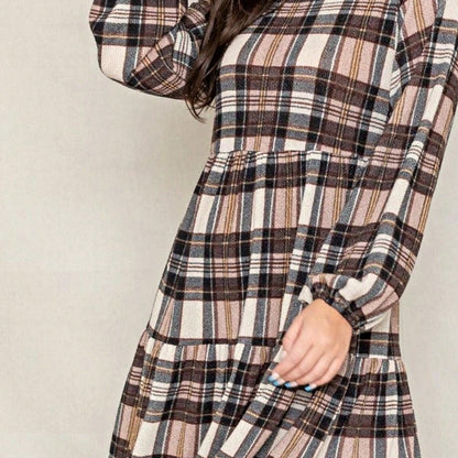 Boho Retro Knit Plaid Checker Floral Print Black Coral Cream Orange Off/One Shoulder Ruffle Sleeve Tiered Dress