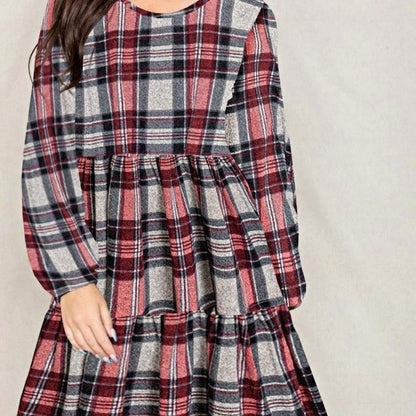 Boho Retro Knit Plaid Checker Floral Print Black Coral Cream Orange Off/One Shoulder Ruffle Sleeve Tiered Dress