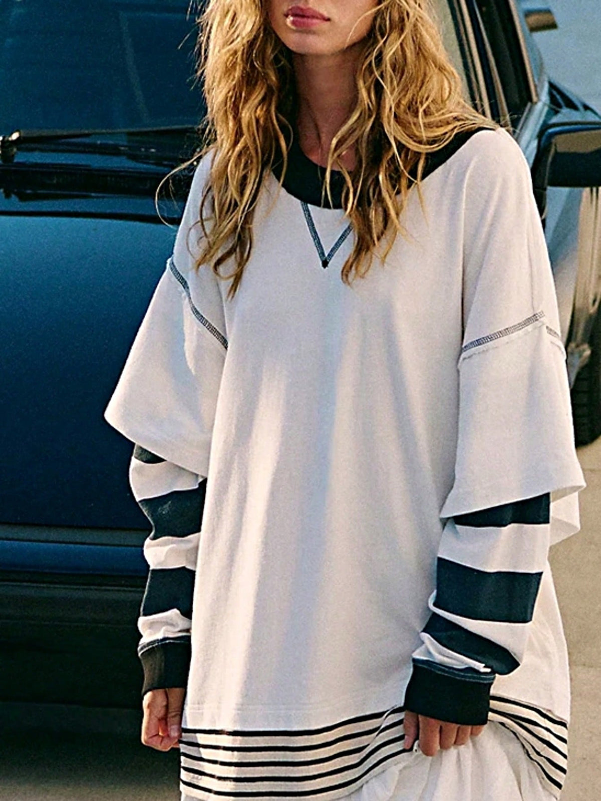 Boho Retro Vintage 90's Stripe Cotton Drop Shoulder Over Size V Neck Rugby  Preppy Shirt  Top Pullover Sweater