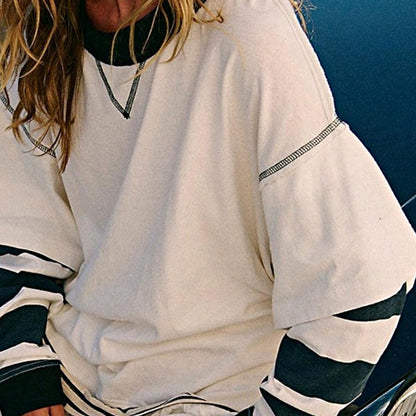 Boho Retro Vintage 90's Stripe Cotton Drop Shoulder Over Size V Neck Rugby  Preppy Shirt  Top Pullover Sweater