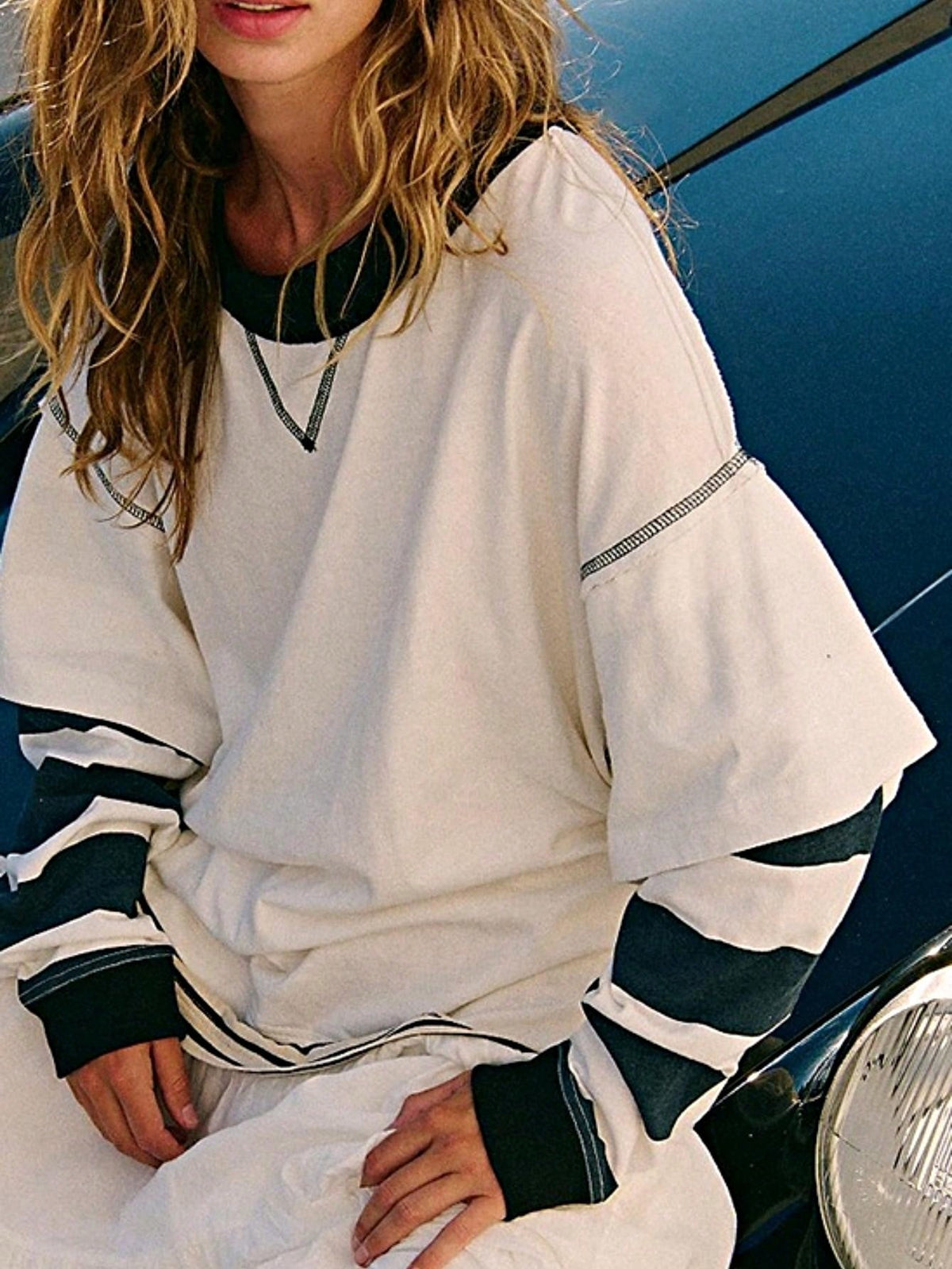 Boho Retro Vintage 90's Stripe Cotton Drop Shoulder Over Size V Neck Rugby  Preppy Shirt  Top Pullover Sweater