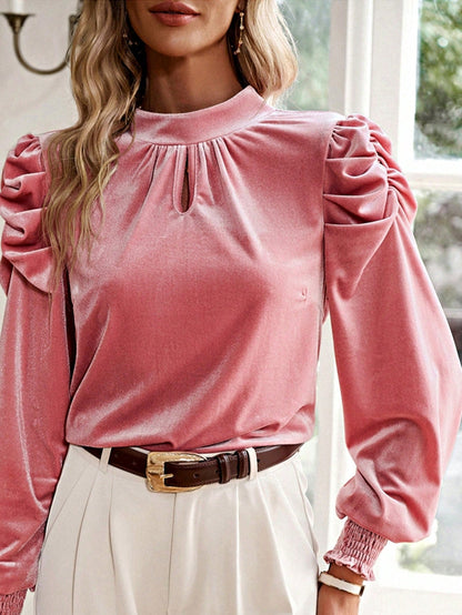 Boho Retro Vintage 60's Velvet Velour Red Grey Charcoal Drop Sleeve Balloon Puff Loose Party Shirt Blouse