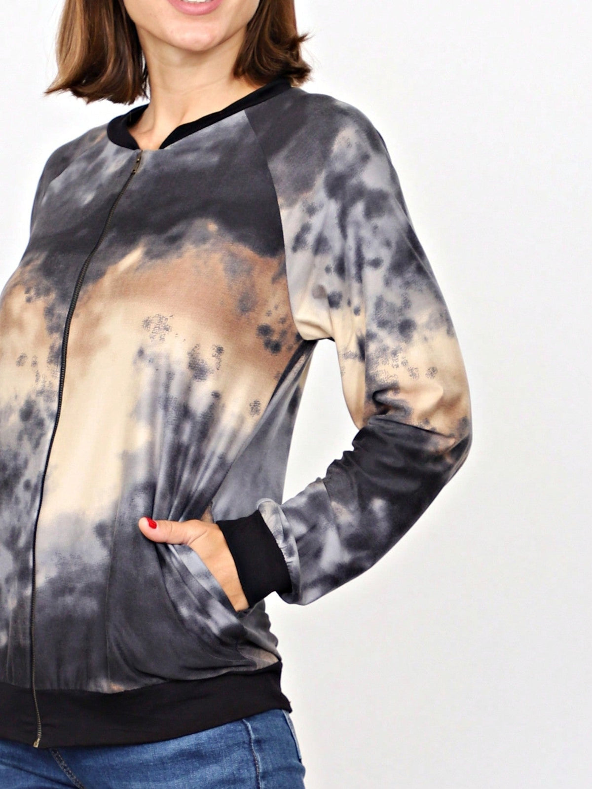 Boho Vintage 90s Vibe Tie Dye Retro Solid Floral Black Long Sleeve Bomber Cardigan Zip Up Yellow Pink Patchwork Multi Print Jacket