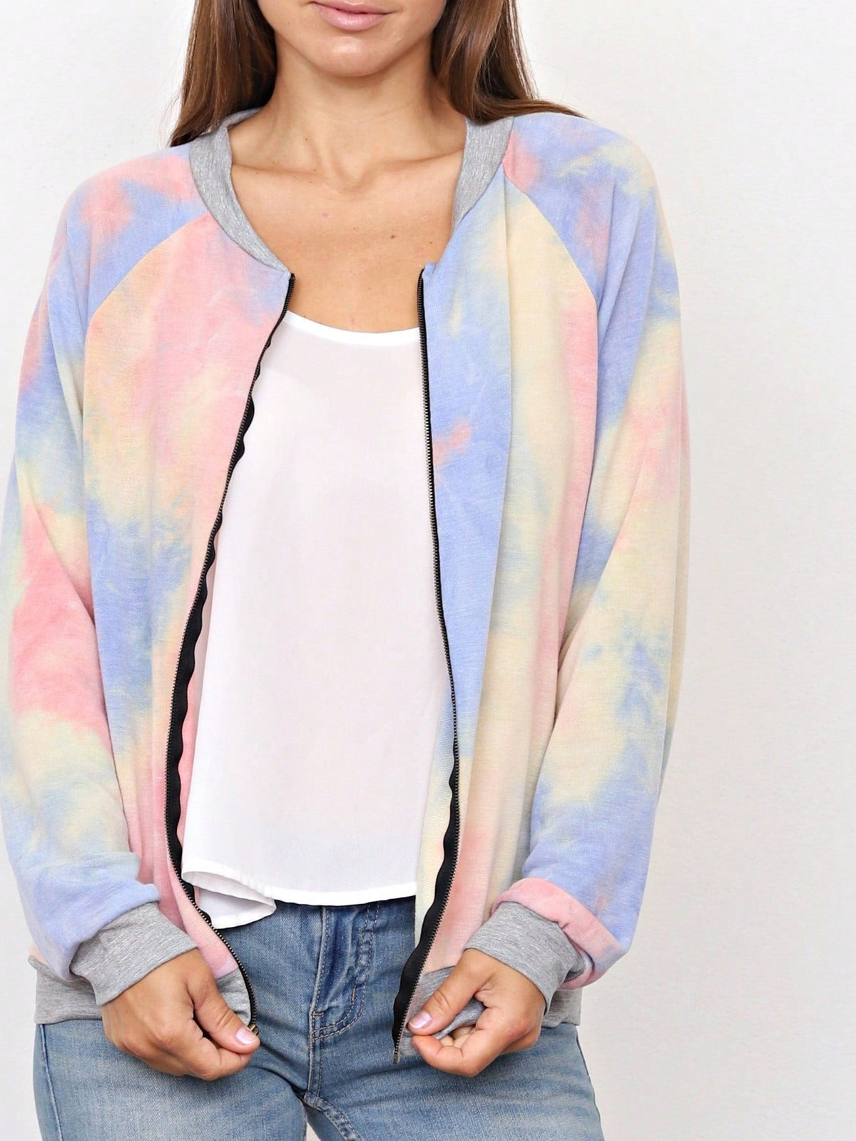 Boho Vintage 90s Vibe Tie Dye Retro Solid Floral Black Long Sleeve Bomber Cardigan Zip Up Yellow Pink Patchwork Multi Print Jacket