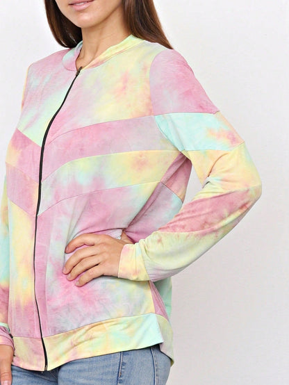 Boho Vintage 90s Vibe Tie Dye Retro Solid Floral Black Long Sleeve Bomber Cardigan Zip Up Yellow Pink Patchwork Multi Print Jacket