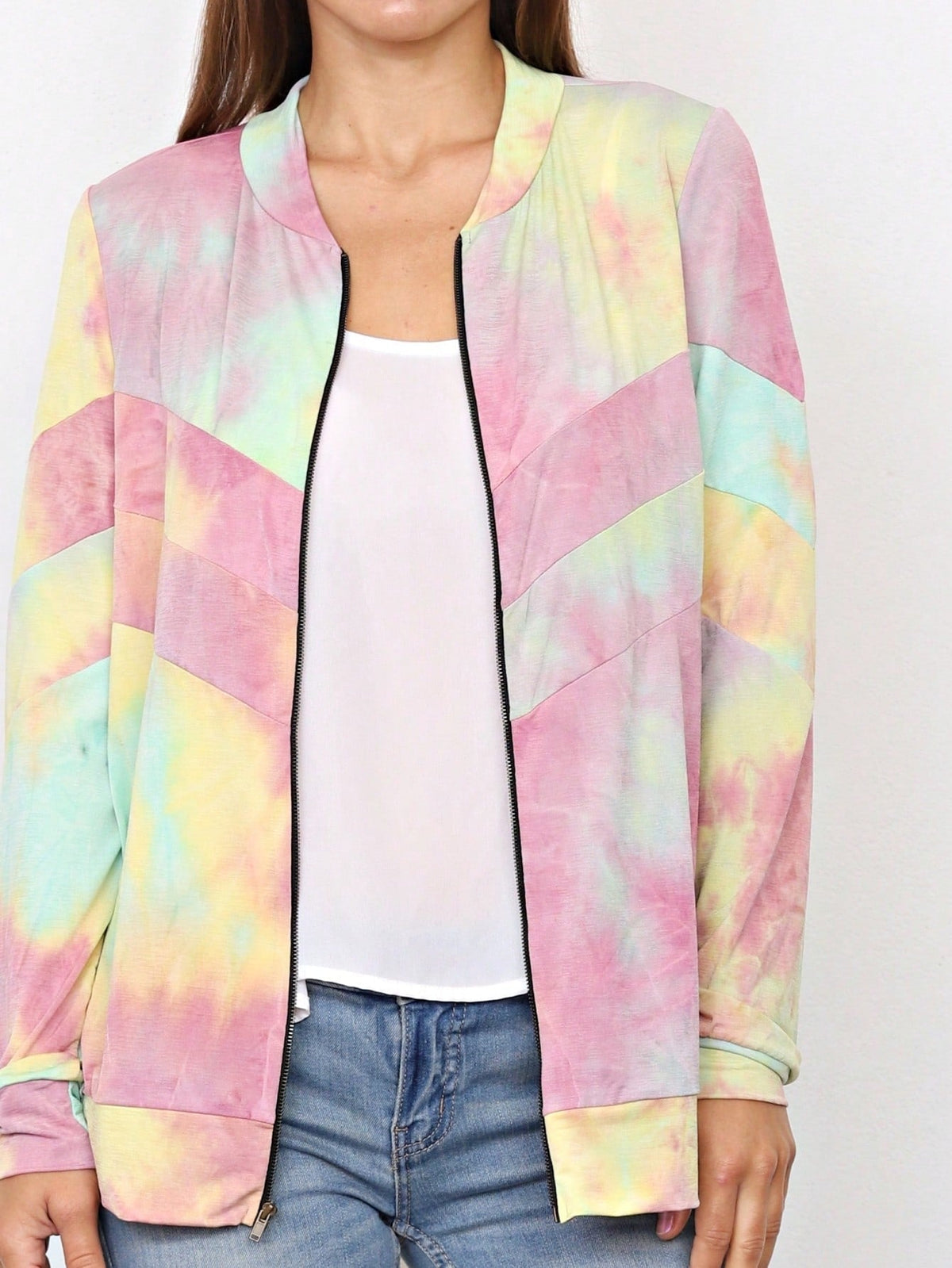 Boho Vintage 90s Vibe Tie Dye Retro Solid Floral Black Long Sleeve Bomber Cardigan Zip Up Yellow Pink Patchwork Multi Print Jacket