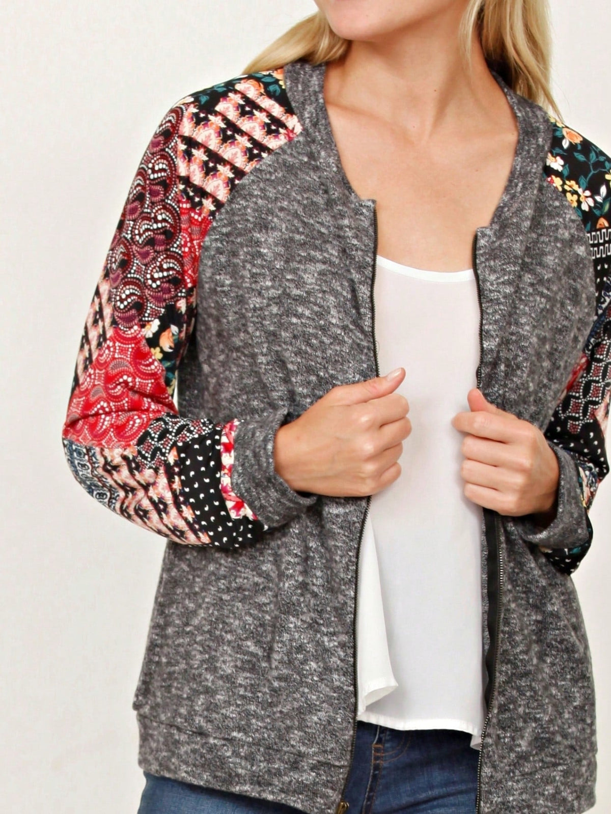 Boho Vintage 90s Vibe Tie Dye Retro Solid Floral Black Long Sleeve Bomber Cardigan Zip Up Yellow Pink Patchwork Multi Print Jacket