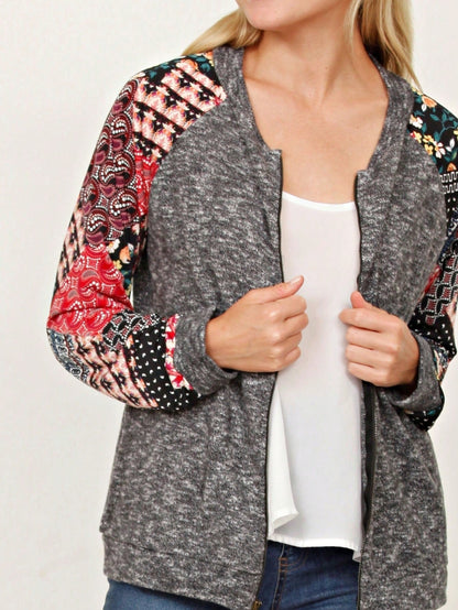 Boho Vintage 90s Vibe Tie Dye Retro Solid Floral Black Long Sleeve Bomber Cardigan Zip Up Yellow Pink Patchwork Multi Print Jacket
