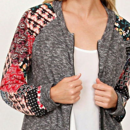 Boho Vintage 90s Vibe Tie Dye Retro Solid Floral Black Long Sleeve Bomber Cardigan Zip Up Yellow Pink Patchwork Multi Print Jacket