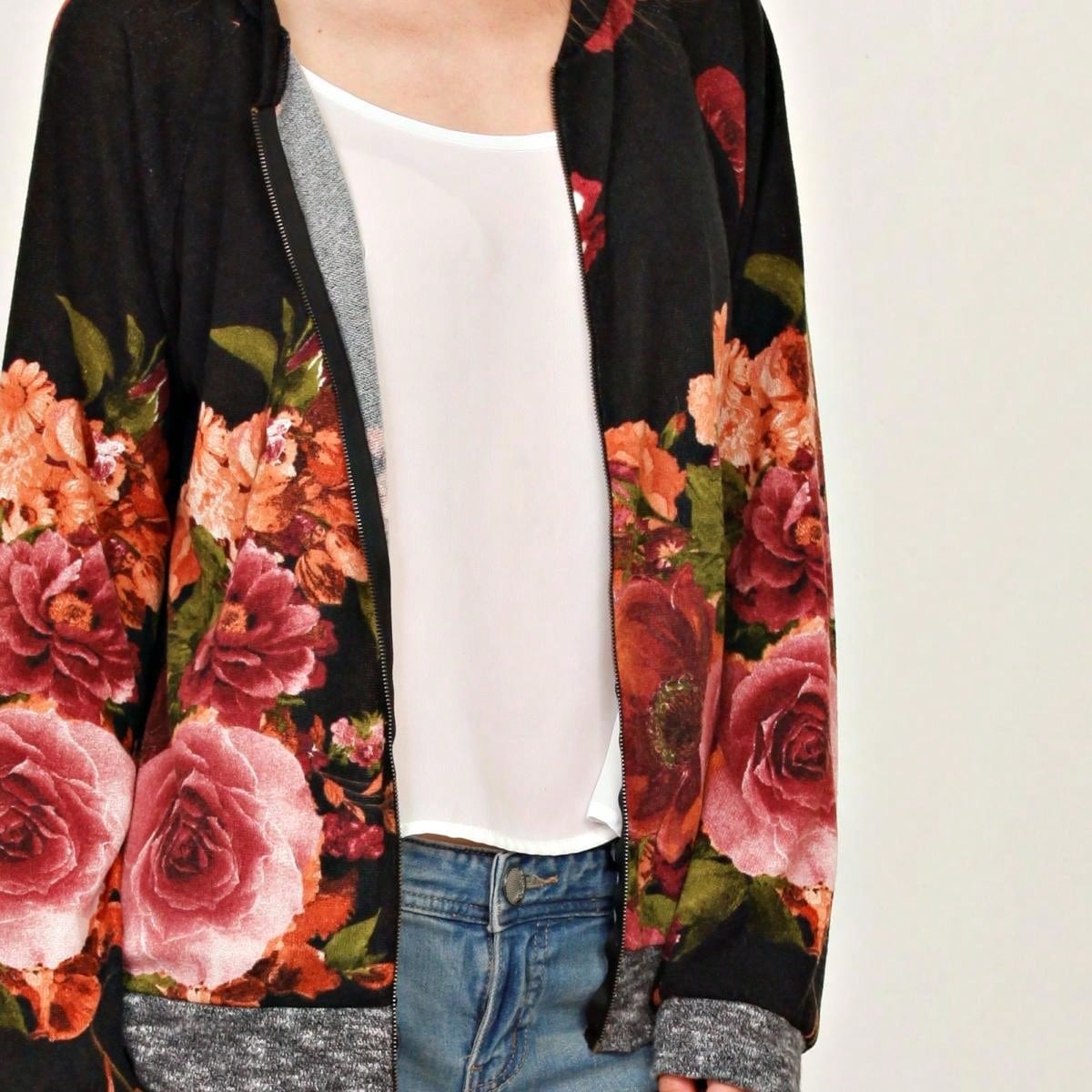 Boho Vintage 90s Vibe Tie Dye Retro Solid Floral Black Long Sleeve Bomber Cardigan Zip Up Yellow Pink Patchwork Multi Print Jacket