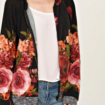 Boho Vintage 90s Vibe Tie Dye Retro Solid Floral Black Long Sleeve Bomber Cardigan Zip Up Yellow Pink Patchwork Multi Print Jacket