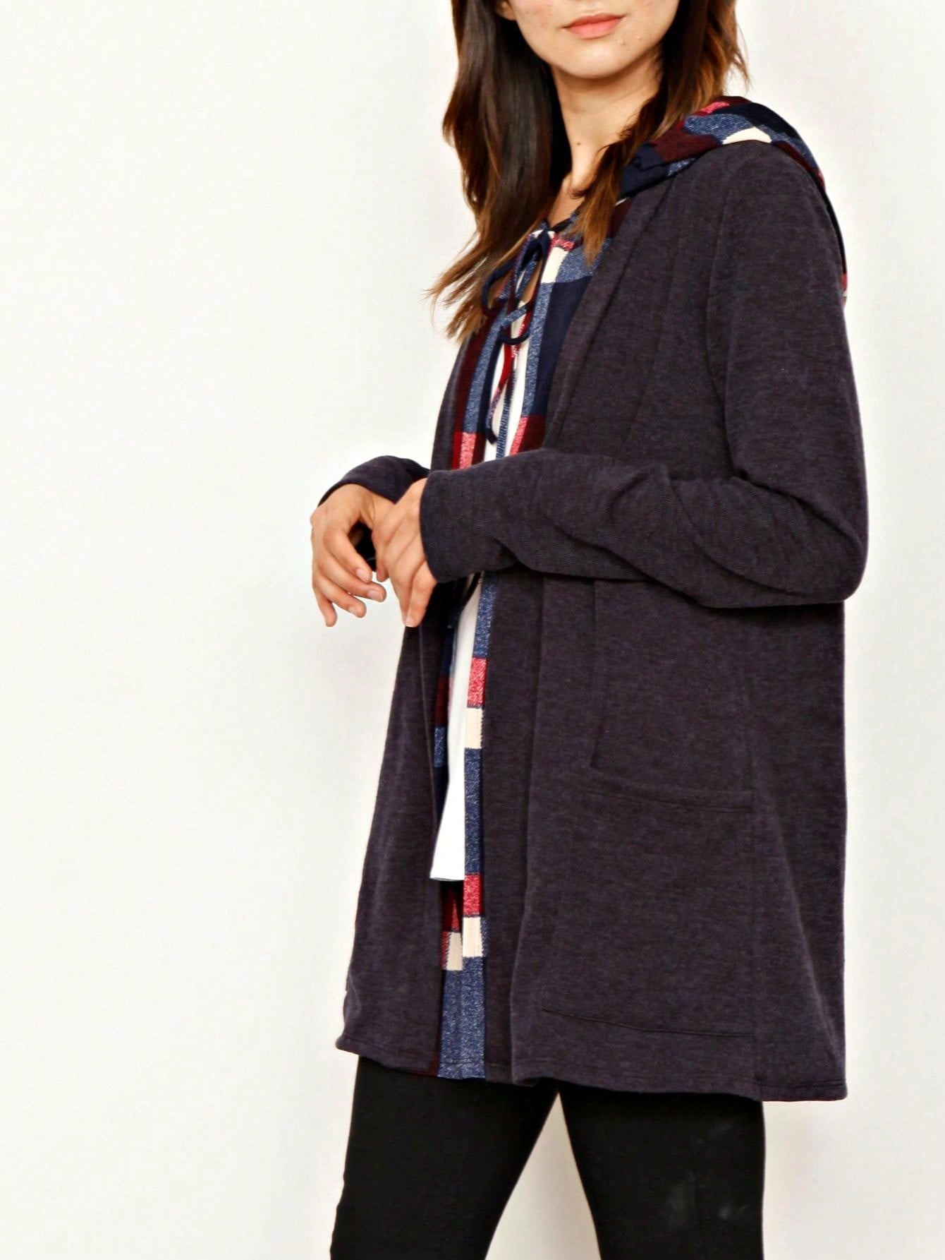 Boho Vintage 90's  Solid Brushed Knit Classic Tiered Hooded Zip Up Flared Cardigan Jacket
