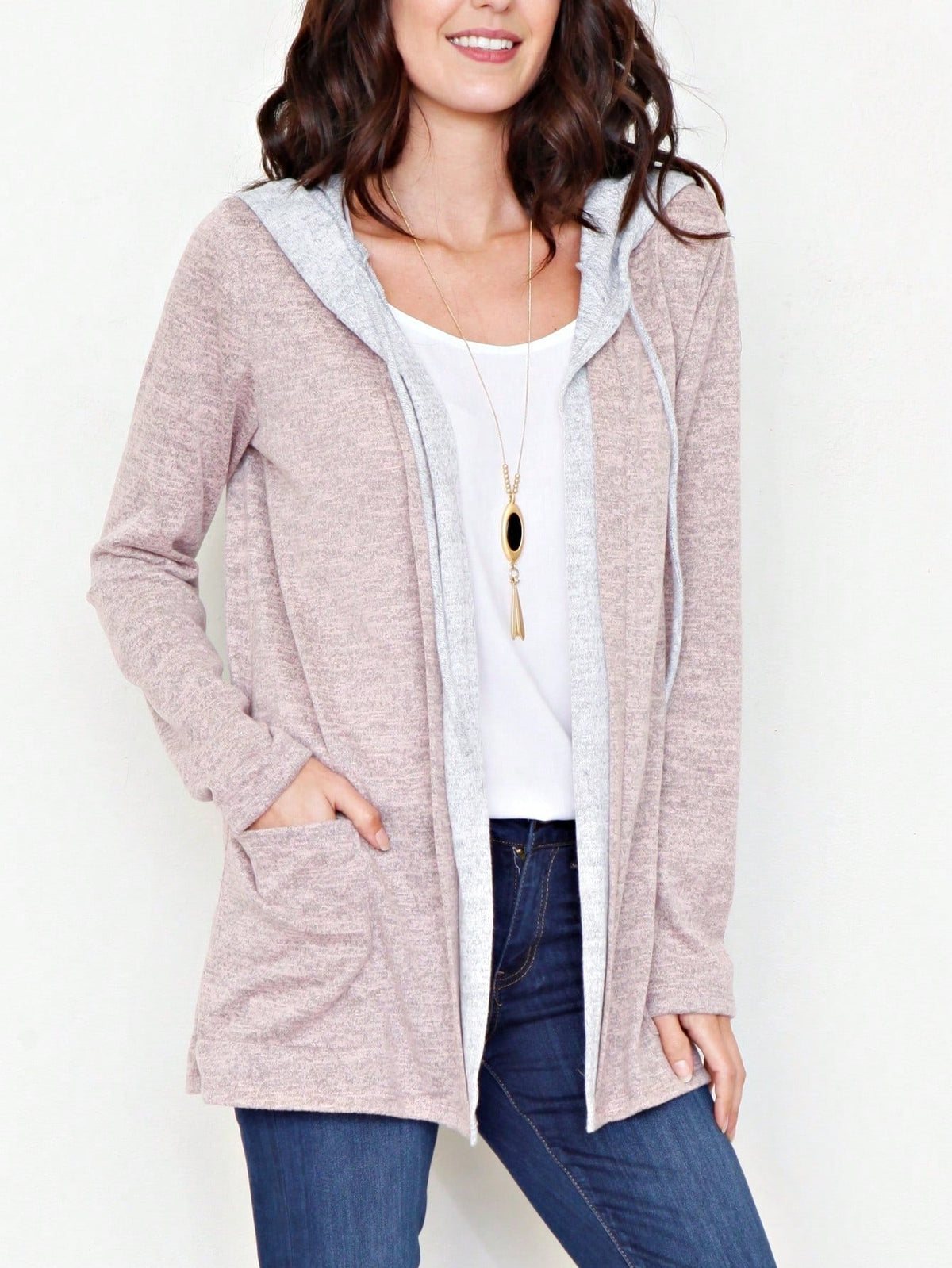 Boho Vintage 90's  Solid Brushed Knit Classic Tiered Hooded Zip Up Flared Cardigan Jacket