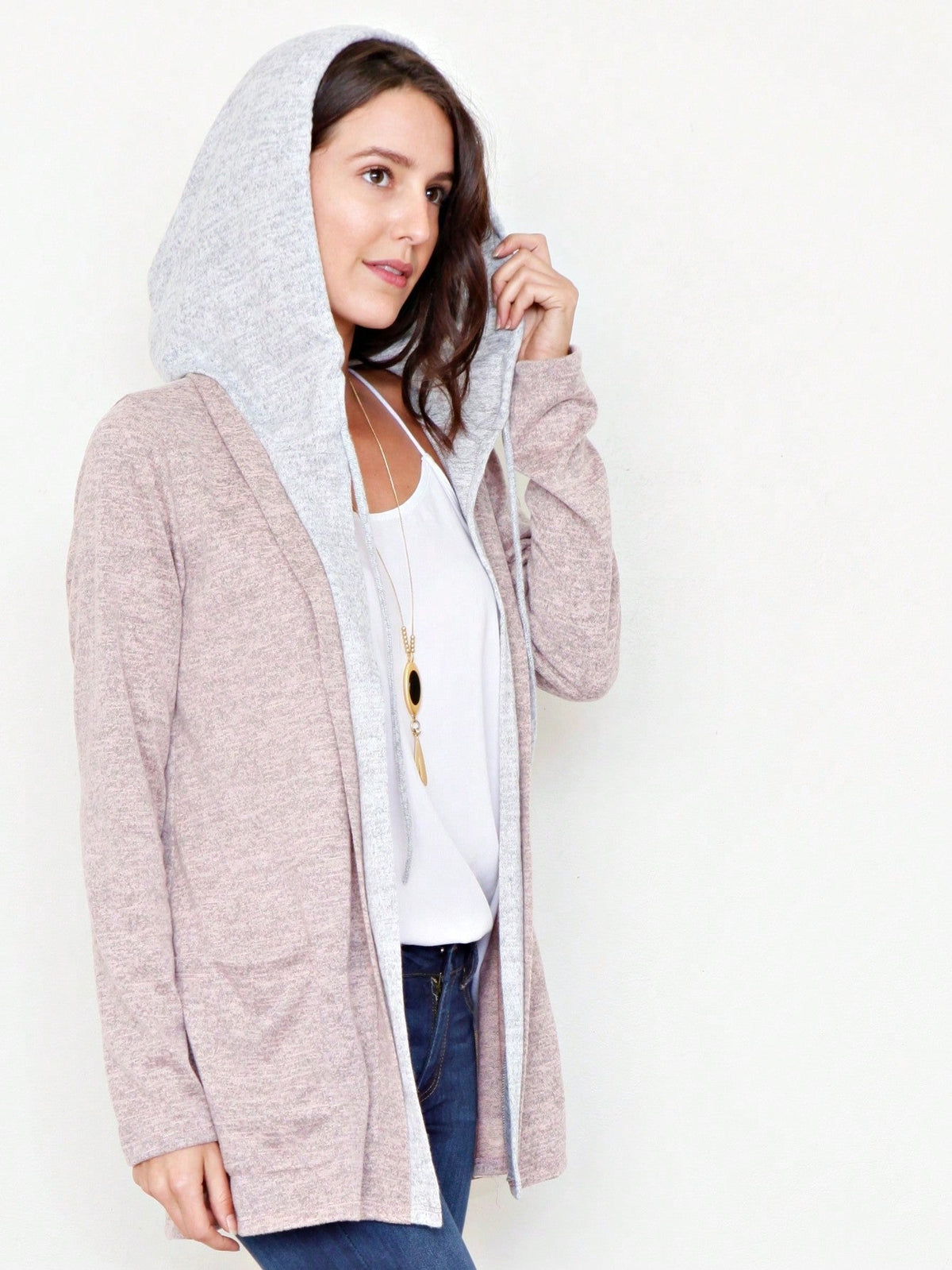Boho Vintage 90's  Solid Brushed Knit Classic Tiered Hooded Zip Up Flared Cardigan Jacket
