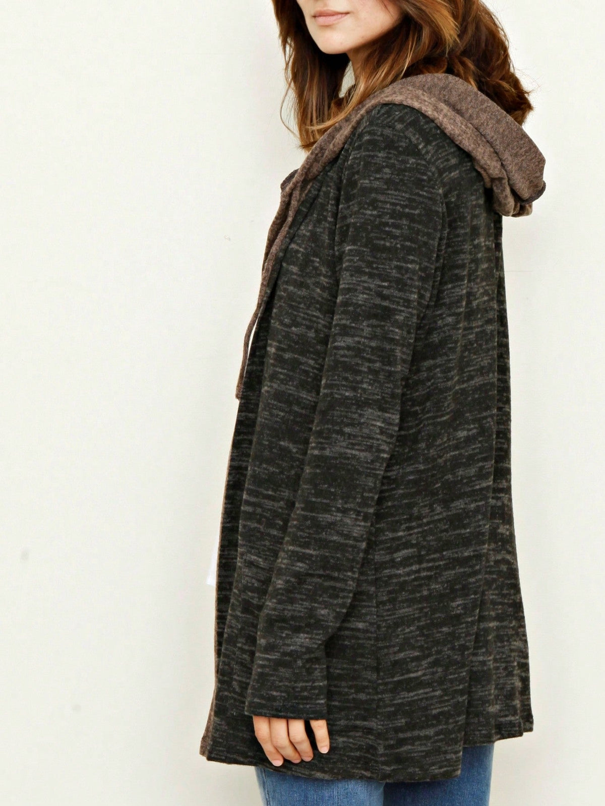 Boho Vintage 90's  Solid Brushed Knit Classic Tiered Hooded Zip Up Flared Cardigan Jacket