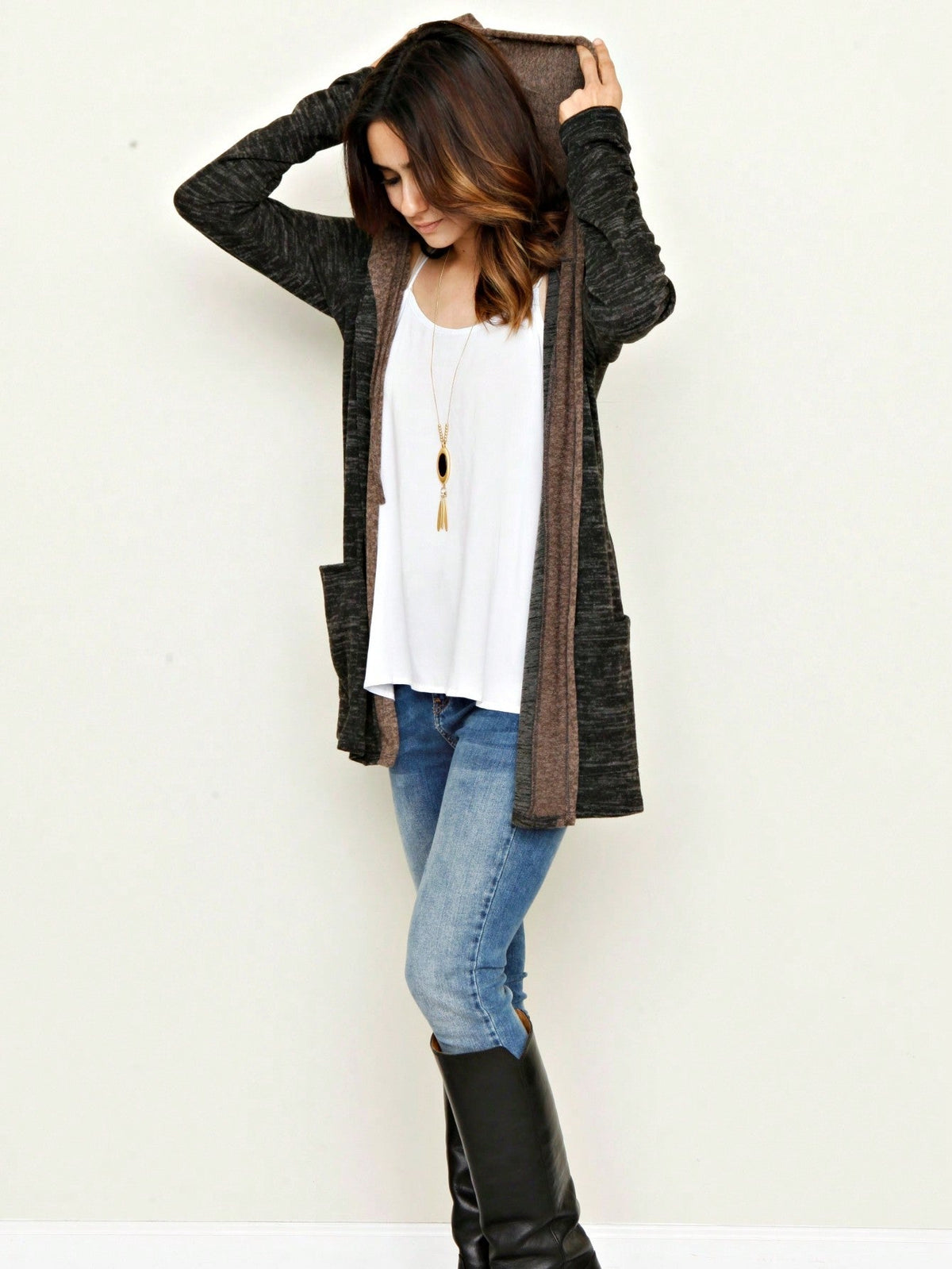 Boho Vintage 90's  Solid Brushed Knit Classic Tiered Hooded Zip Up Flared Cardigan Jacket