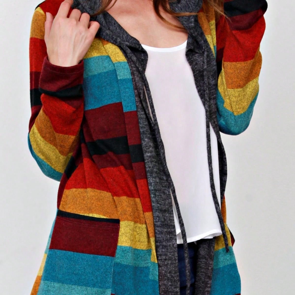 Boho Vintage 90's  Solid Brushed Knit Classic Tiered Hooded Zip Up Flared Cardigan Jacket