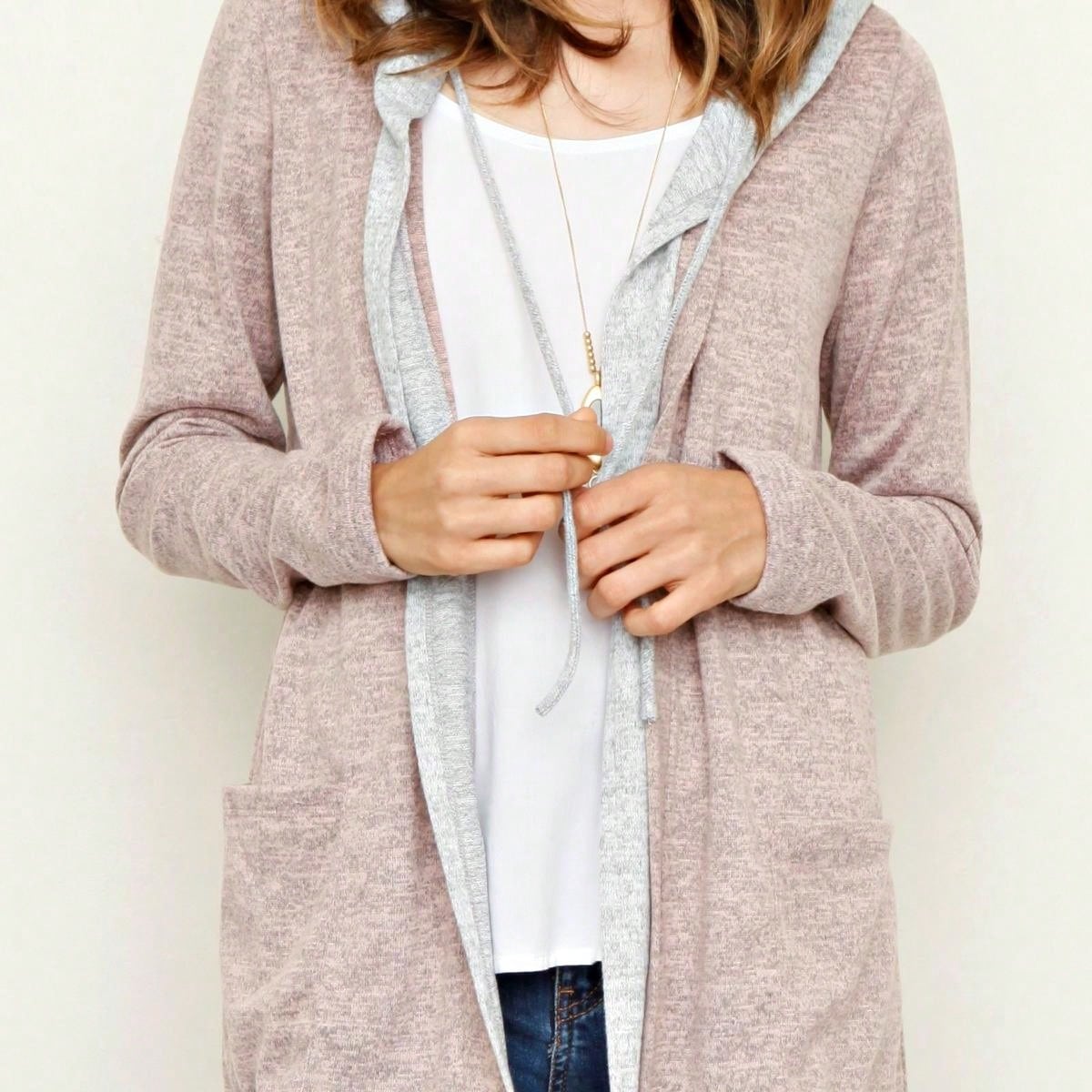 Boho Vintage 90's  Solid Brushed Knit Classic Tiered Hooded Zip Up Flared Cardigan Jacket