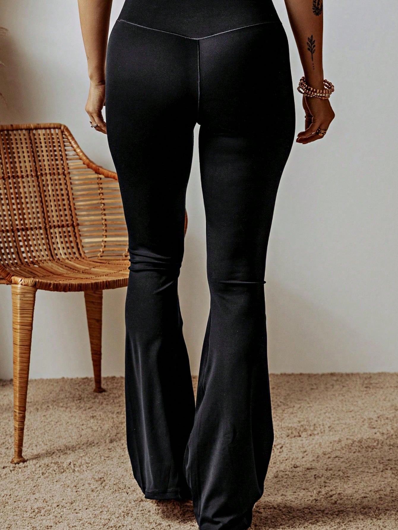 Boho Retro 90's Solid Black  Charcoal Viscose Shape High Waist Flared Leggings Pants