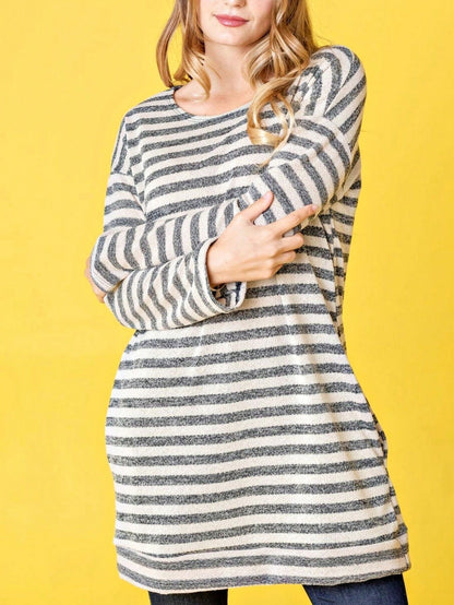 Boho Retro 90's Vintage  Preppy V Stitch  Stripe Knit Contrast Binding Brushed Soft Floral Raglan Sleeve Tunic Top Pullover Only